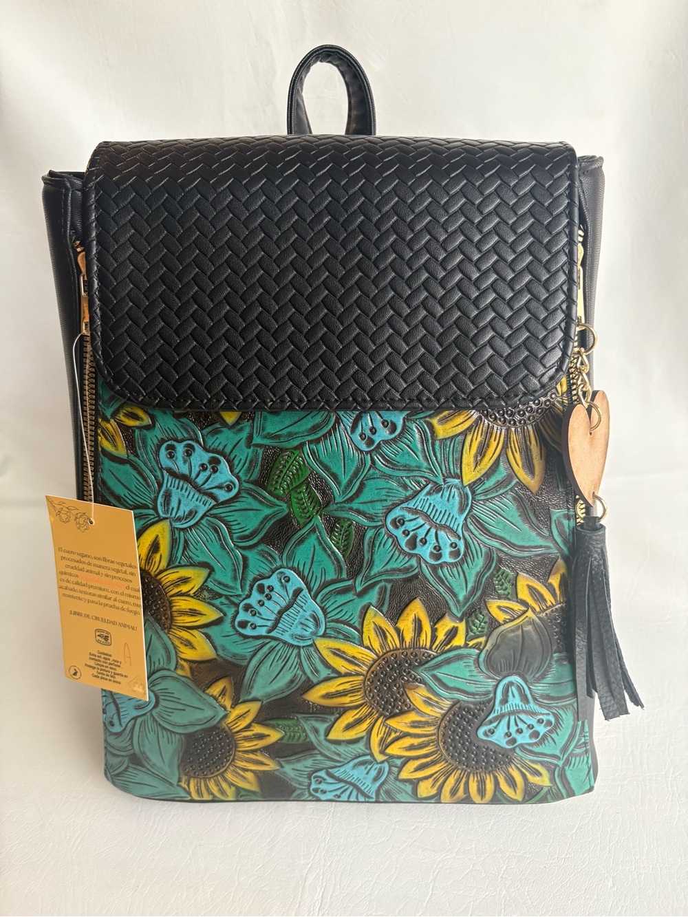 Handpainted Floral Sunflower Vegan Leather Backpack - Black & Teal